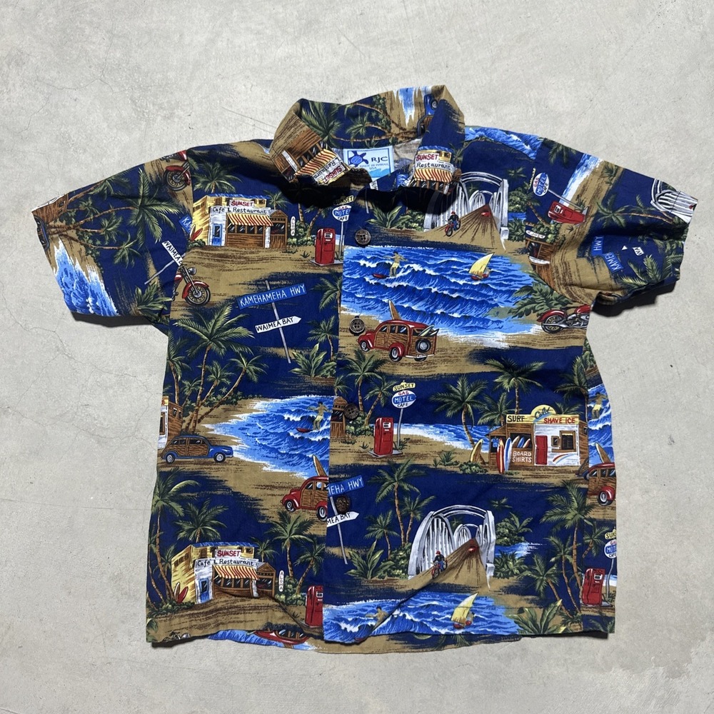 Vintage RJC Boys Youth Kids Hawaiian Shirt Size 5T All Over Print Motorcycle